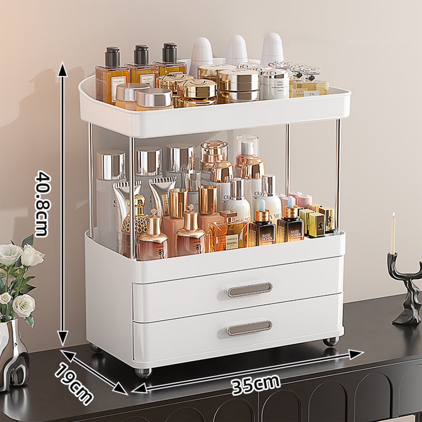 2 Schubladen Makeup Organizer - 4 Tier Bad Veranstalter und Lagerung, Vielseitig Parfüm Vanity Veranstalter, Ideal für Kosmetik, große Hautpflege, Gesichtsmaske, Bürobedarf