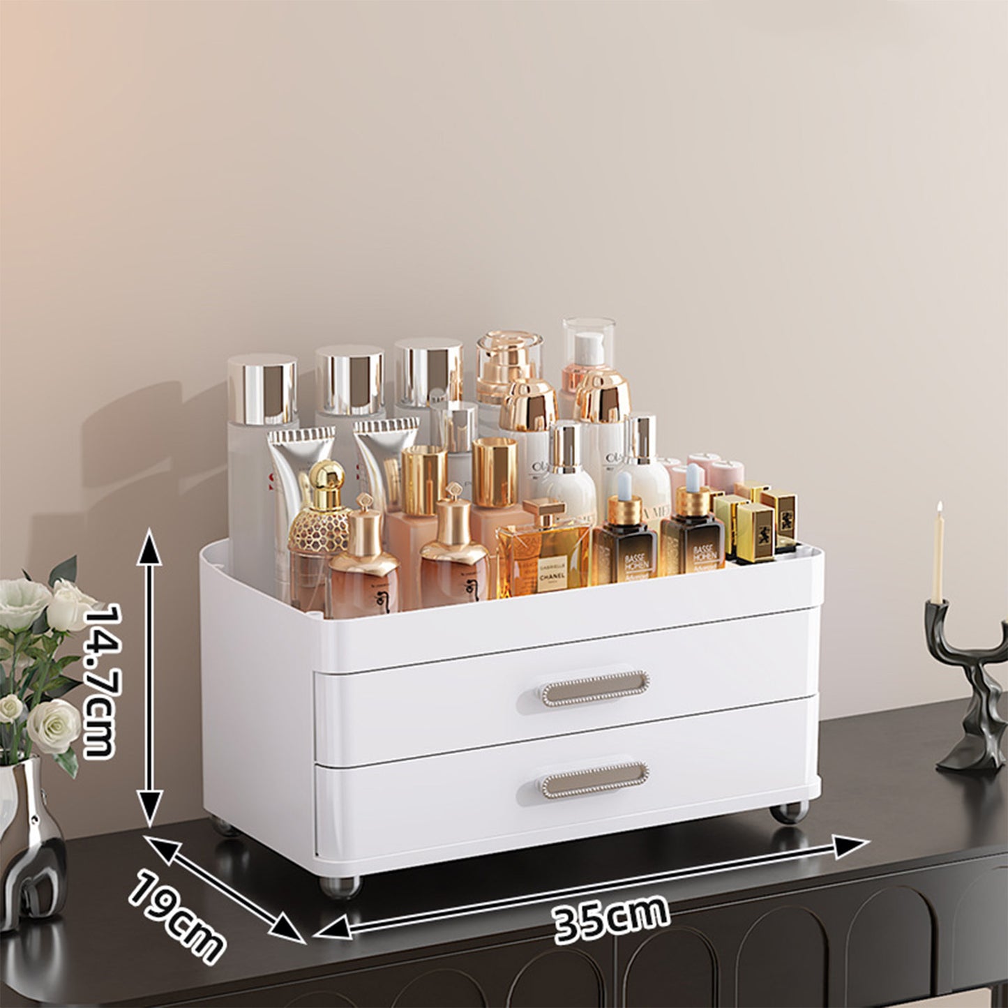 2 Schubladen Makeup Organizer - 4 Tier Bad Veranstalter und Lagerung, Vielseitig Parfüm Vanity Veranstalter, Ideal für Kosmetik, große Hautpflege, Gesichtsmaske, Bürobedarf