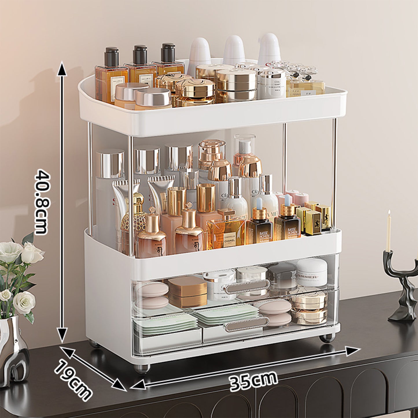 2 Schubladen Makeup Organizer - 4 Tier Bad Veranstalter und Lagerung, Vielseitig Parfüm Vanity Veranstalter, Ideal für Kosmetik, große Hautpflege, Gesichtsmaske, Bürobedarf