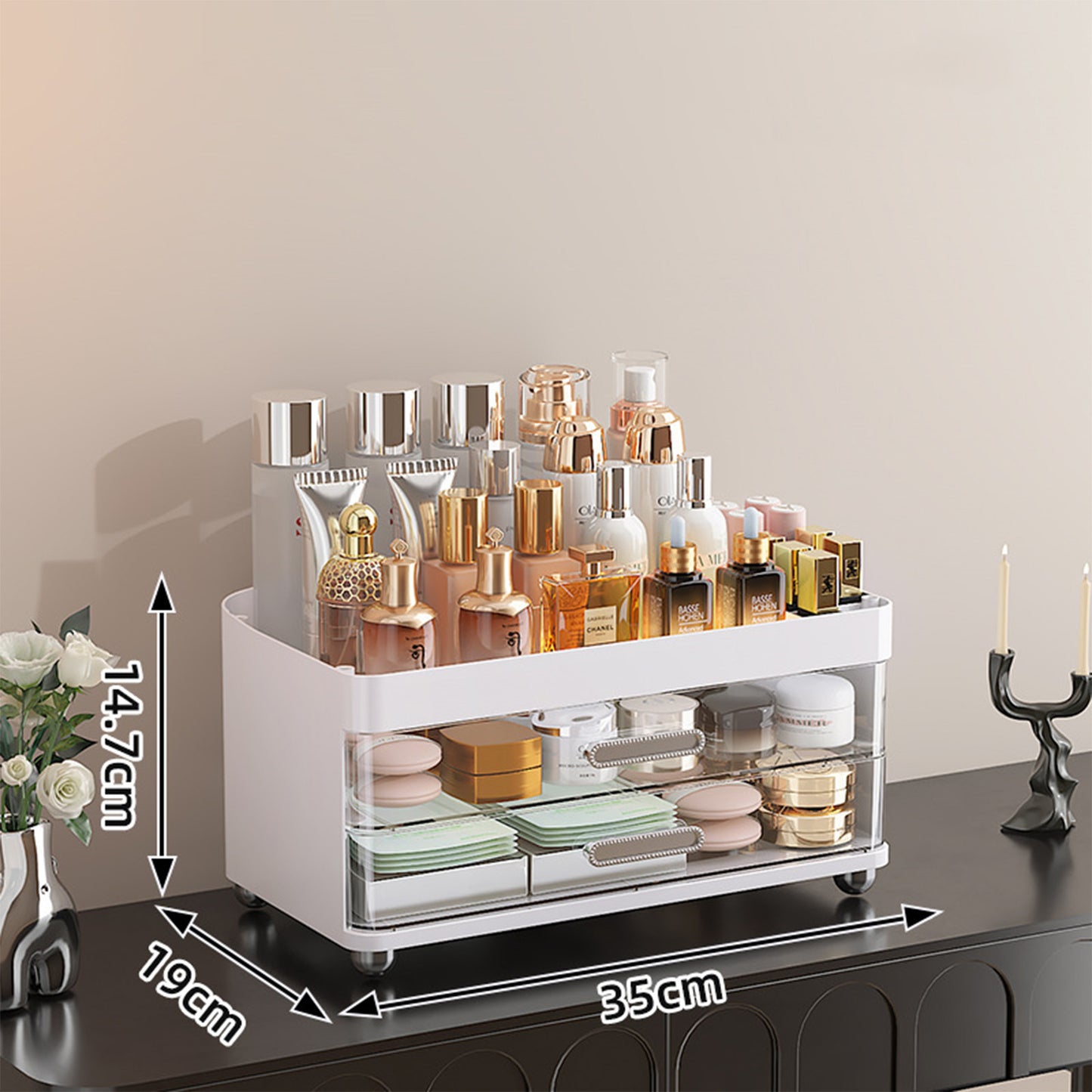 2 Schubladen Makeup Organizer - 4 Tier Bad Veranstalter und Lagerung, Vielseitig Parfüm Vanity Veranstalter, Ideal für Kosmetik, große Hautpflege, Gesichtsmaske, Bürobedarf